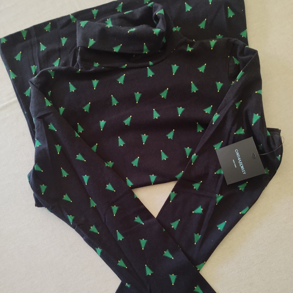 NWt 🌲Cynthia Rowley TurtleNeck Tree Print Sweater~ Size: S Navy + Green